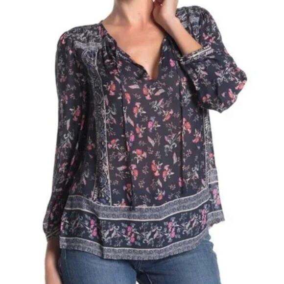 Lucky Brand Peasant Top Womens Small Navy Red Floral Lightweight Boho Blouse - Picture 1 of 10